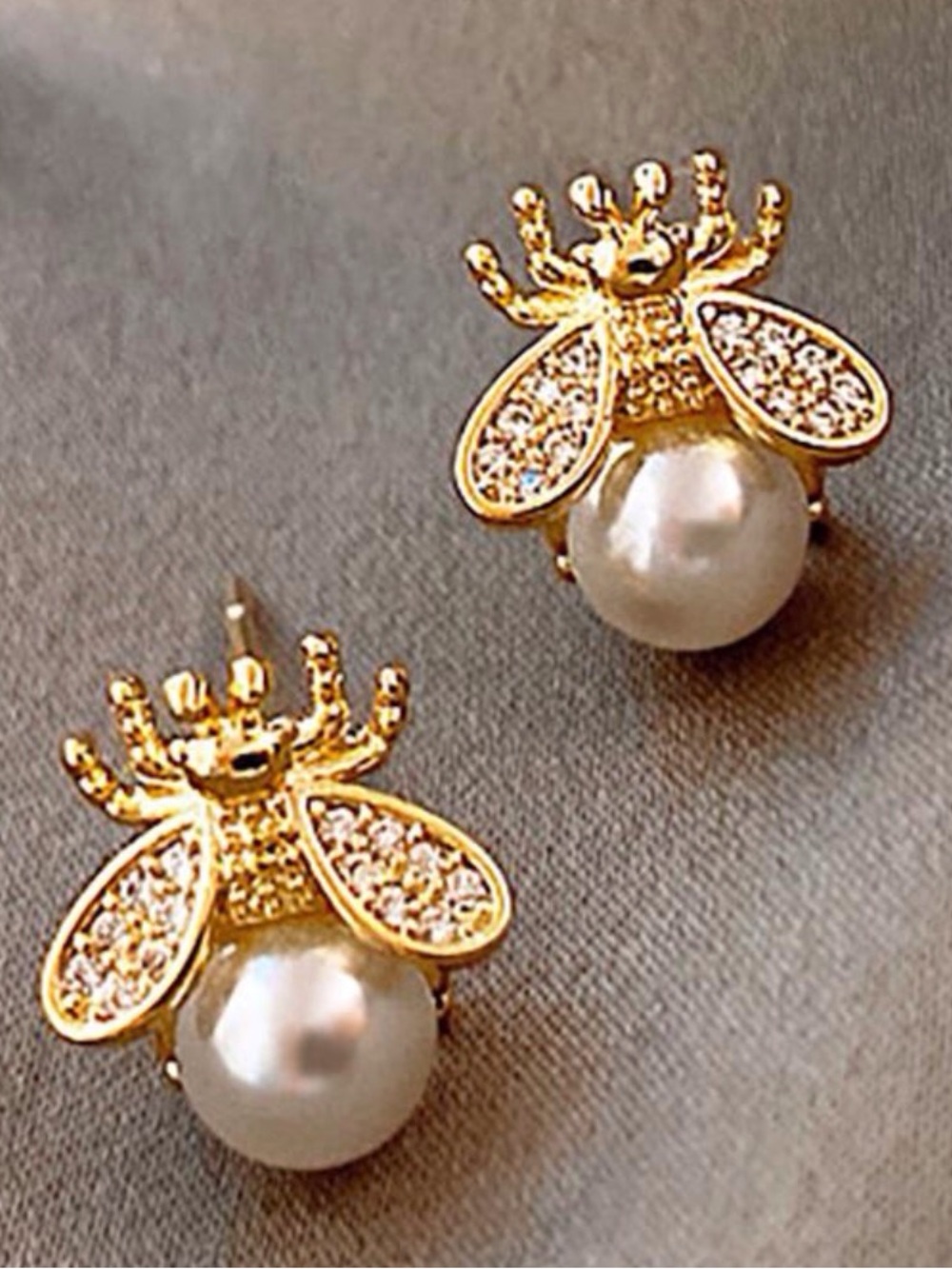 Gold Tone Bee Pearl Earrings - Picture 8 of 8